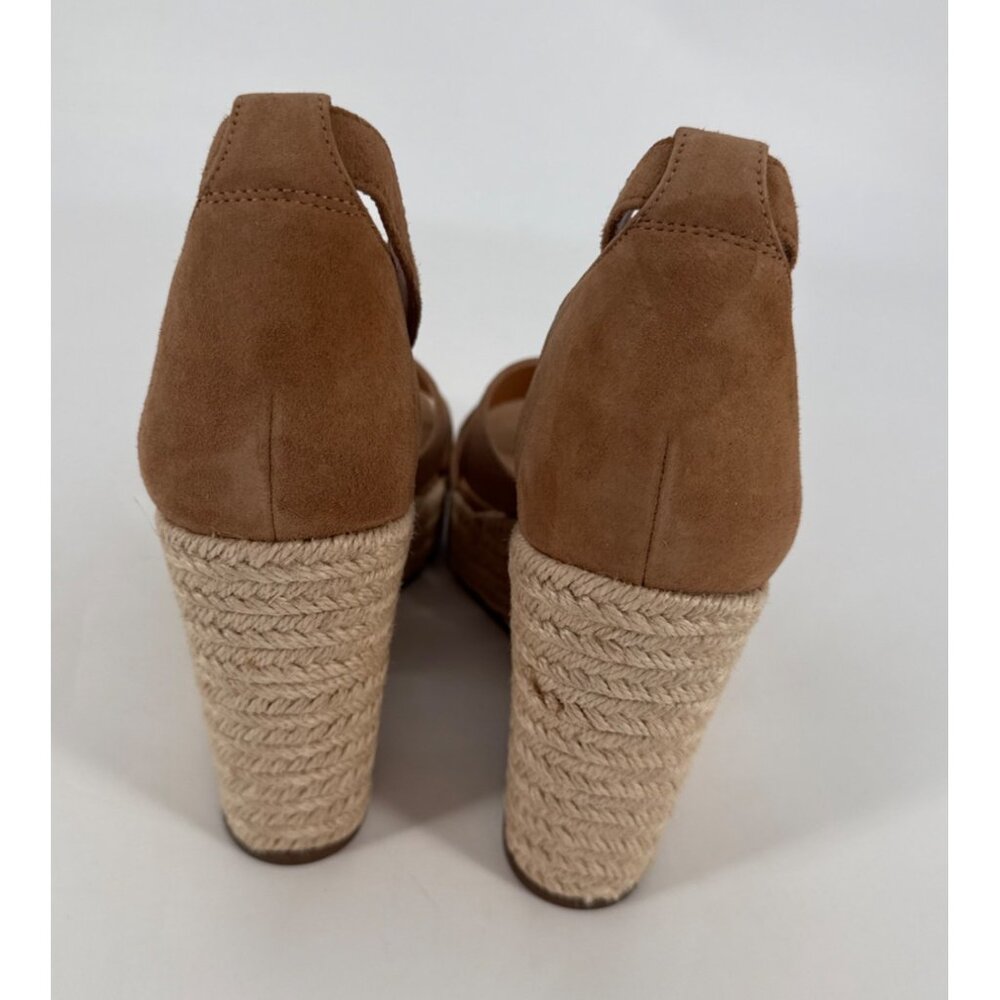 Lisa Vicky Wedge Sandals Cognac Suede 9.5 Cross-Strap Espadrille Heel - Picture 3 of 10
